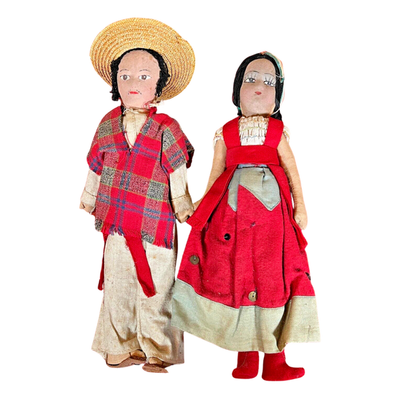 Two Handmade Mexican Folk Art Dolls Man and Woman 11" Tall w/ Straw Sombrero