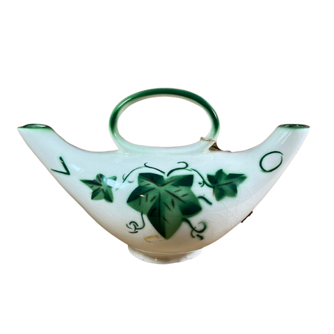 Vintage Double Spout Oil & Vinegar Pitcher White Ceramic w/ Green Ivy Stencil