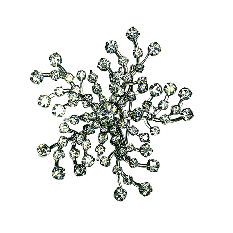 Vintage Crystal Clear Rhinestone Brooch Snowflake Shape Prong Set Riveted 2.5"
