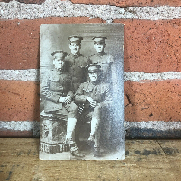 WWI Soldier Group RPP Real Photo Postcard in Glass Art Deco Frame