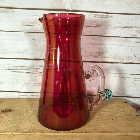Cranberry Etched Glass Martini Pitcher Clear Applied Handle 10" Tall