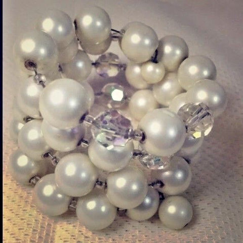 Vintage Wrap Cuff Bracelet Sim Pearls AB Glass Beads