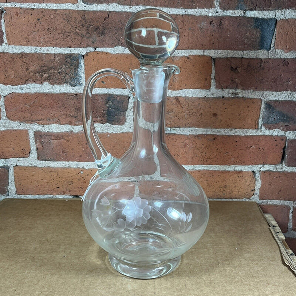 Vintage Etched Glass Wine Decanter w/ Stopper Floral Pattern 12.5" Tall