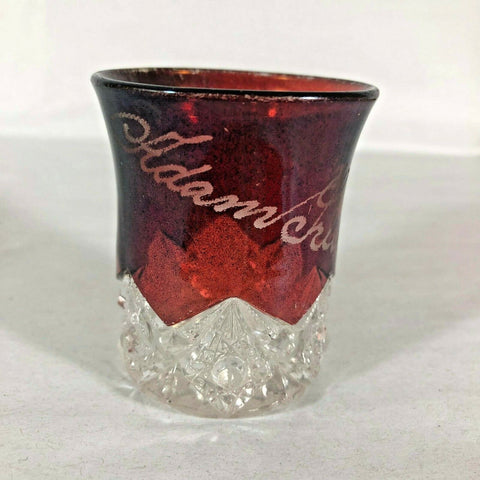 Antique Ruby Red Flash EAPG Souvenir Glass Cup 2.5" Engraved "Adam Grubb"