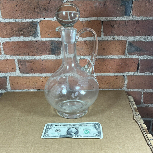 Vintage Etched Glass Wine Decanter w/ Stopper Floral Pattern 12.5" Tall