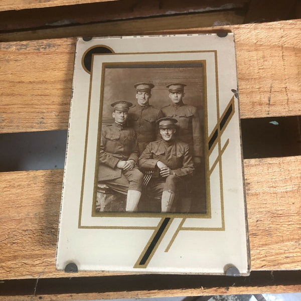 WWI Soldier Group RPP Real Photo Postcard in Glass Art Deco Frame