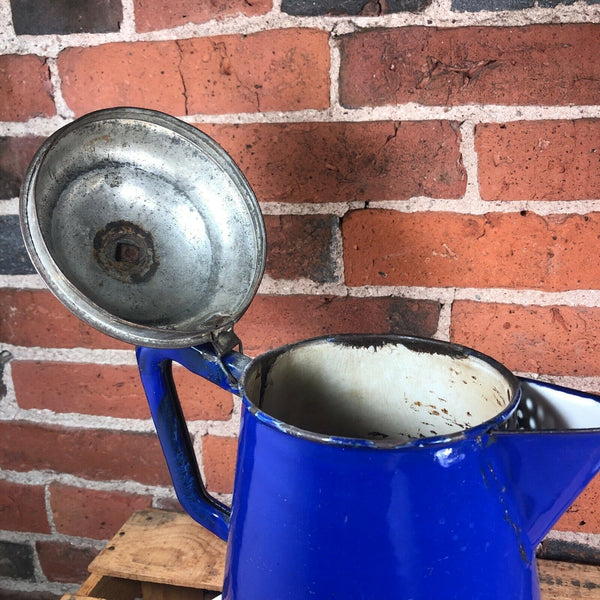 Antique Enamel Graniteware Coffee Pot Blue Tin w/ Unpainted Lid Late 19th Cent.