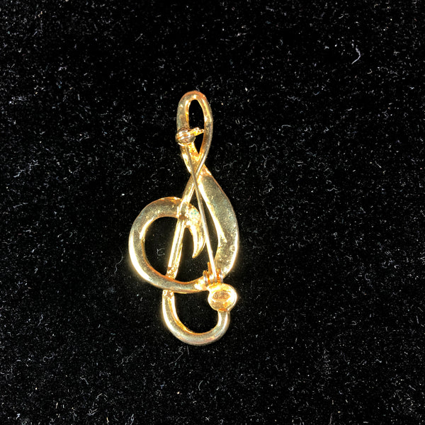 Gold Tone Brooch Pin Treble Clef Music Symbol Clear Rhinestones