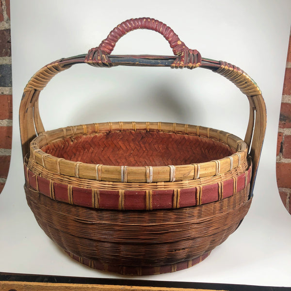 Primitive Asian / Chinese Basket with Lid and Handle Brown / Blue / Red