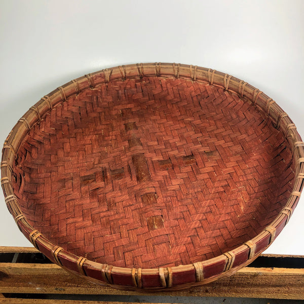 Primitive Asian / Chinese Basket with Lid and Handle Brown / Blue / Red