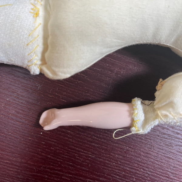 Vintage Porcelain Doll with Stuffed Cloth Body Painted Blonde Unmarked