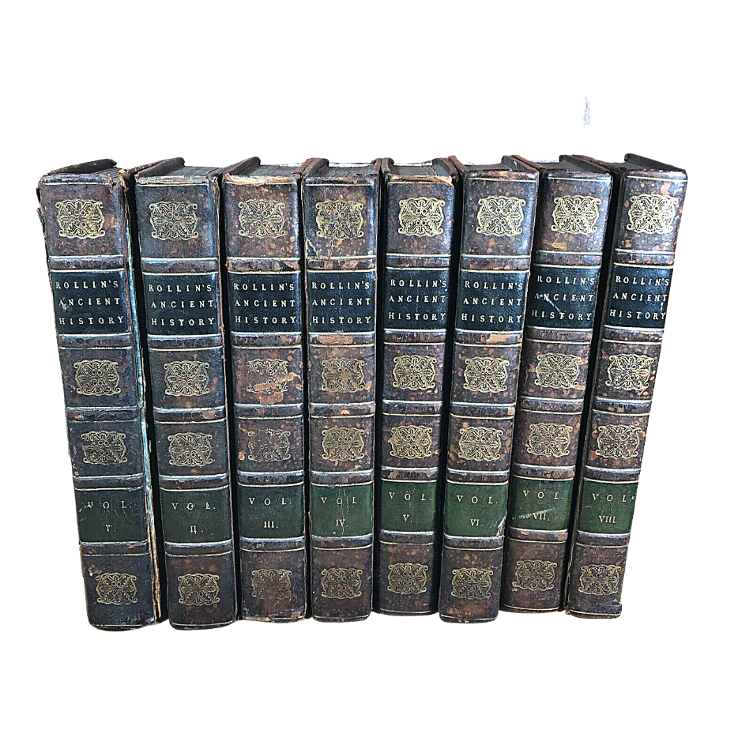 Rollin's Ancient History 8-Volume Set Books 1813 Brown Leather Marbled Edge