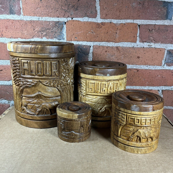 Vintage Carved Wood Canister Set 4 Pieces Nesting with Lids Made in Philippines