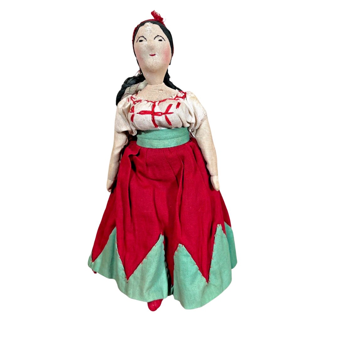 Handmade Mexican Folk Art Souvenir Doll Red/Green/White Cotton Dress 9" Tall