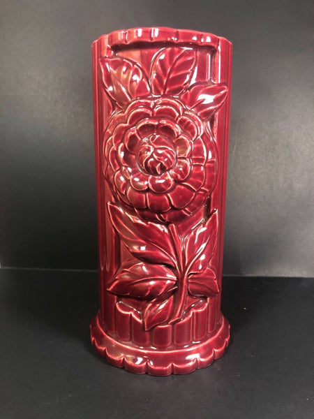 Cameron Clay Products Vase Cylinder Column Floral Deco Burgundy