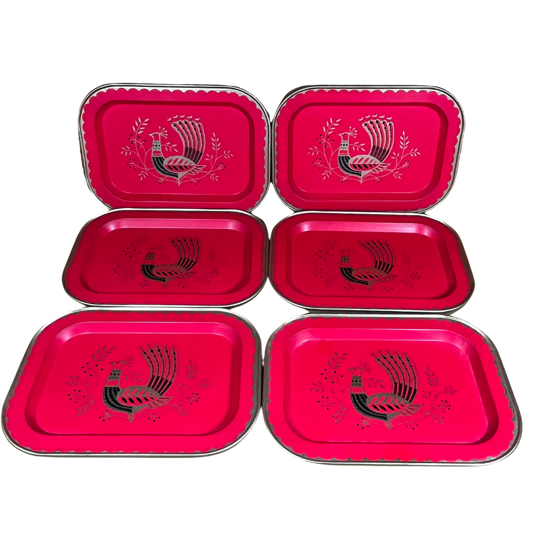 Set of 6 MCM Red Peacock Oval Metal Tin Trays Small 7" x 5" Midcentury Vintage