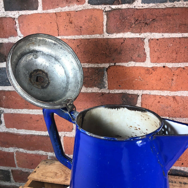 Antique Blue Enamel Graniteware Coffee Pot with Unpainted Tin Lid Late 19th Century