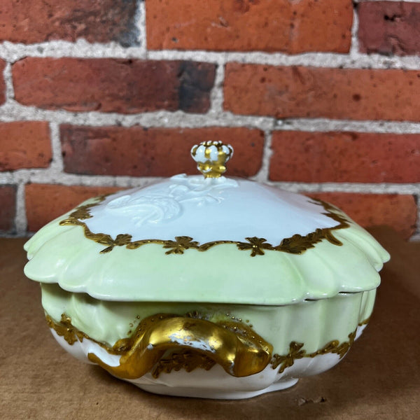 Haviland Limoges Oval Covered Serving Dish Blank 10 Green & White w/ Gold
