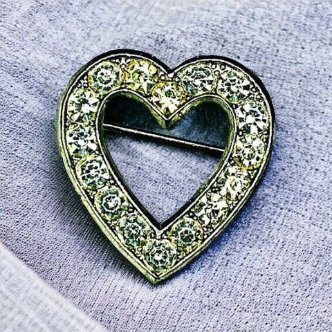 Vintage Silver Tone Heart Shaped Pin Clear Crystal Rhinestones Romantic Brooch