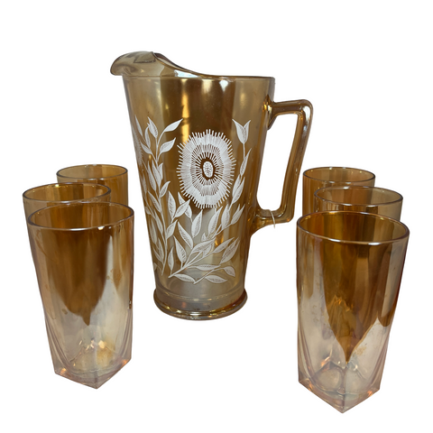 Jeannette Cosmos Glass Pitcher with 6 Drinking Tumblers Peach Iridescent Vintage