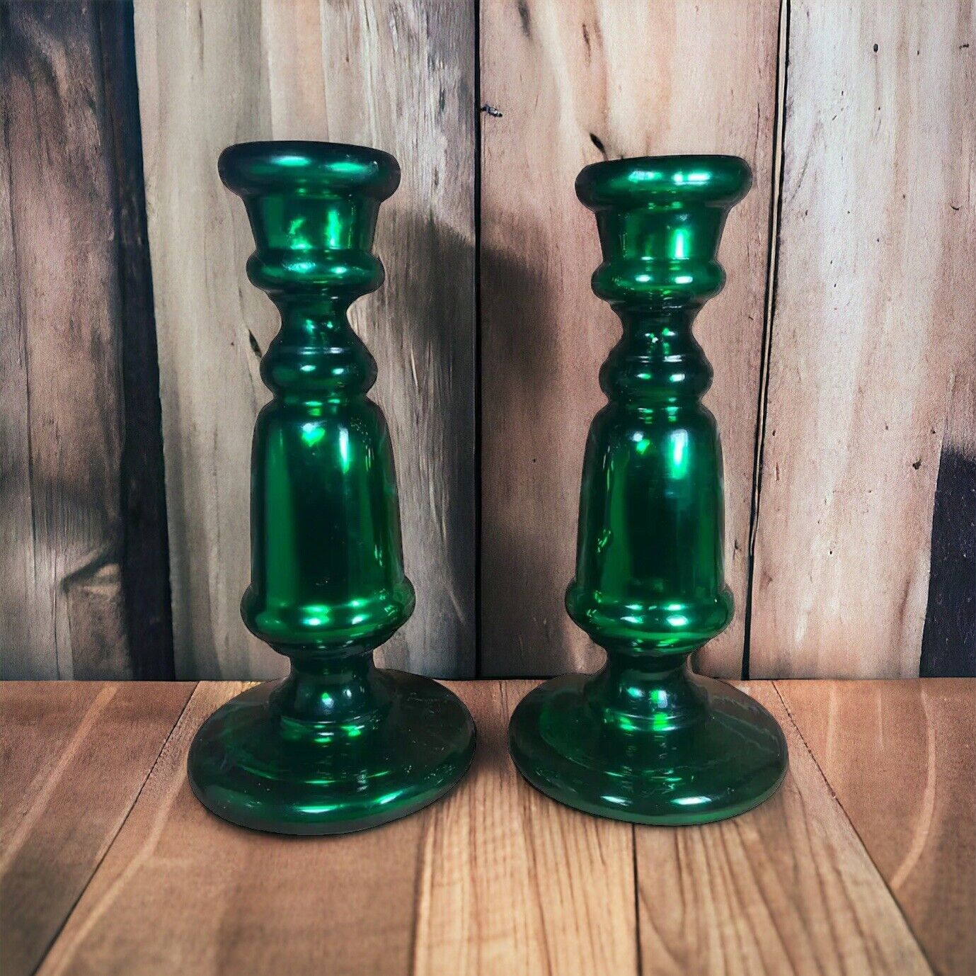 Vintage Green Mercury Glass Candlesticks 12.5" Tall Brass Bottom