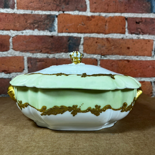 Haviland Limoges Oval Covered Serving Dish Blank 10 Green & White w/ Gold
