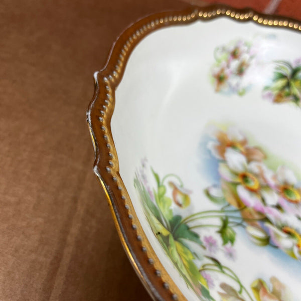 PK Silesia Porcelain Serving Bowl Floral w/ Gold Trimmed Scalloped Edge 9" Dia.