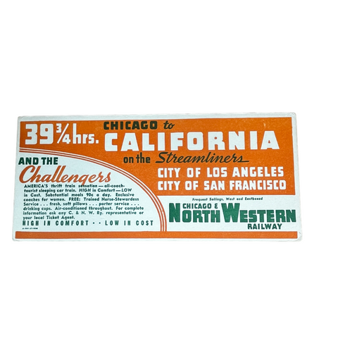 Chicago & North Western Railroad Streamliner Cardboard Ink Blotter Ad 1940s
