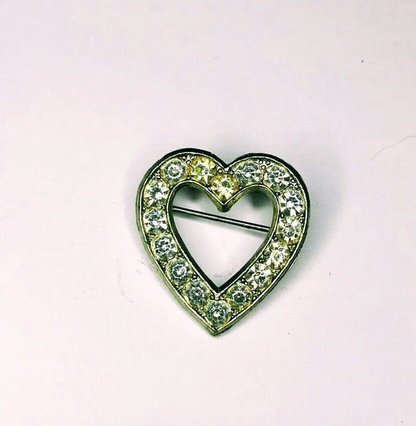 Vintage Silver Tone Heart Shaped Pin Clear Crystal Rhinestones Romantic Brooch