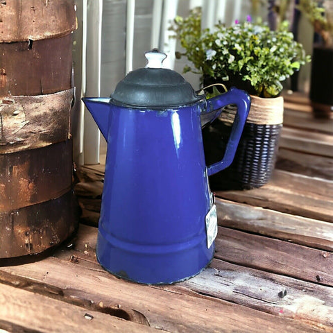 Antique Blue Enamel Graniteware Coffee Pot with Unpainted Tin Lid Late 19th Century