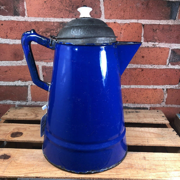 Antique Blue Enamel Graniteware Coffee Pot with Unpainted Tin Lid Late 19th Century