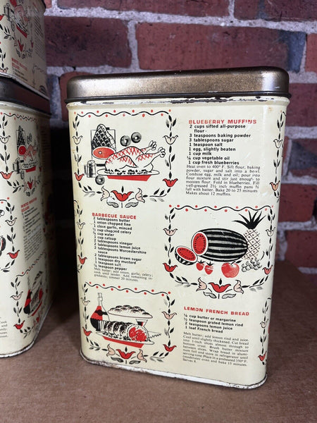 Cheinco Set of 4 Tin Canisters Coffee Tea Sugar Flour Recipes Vintage 1960s