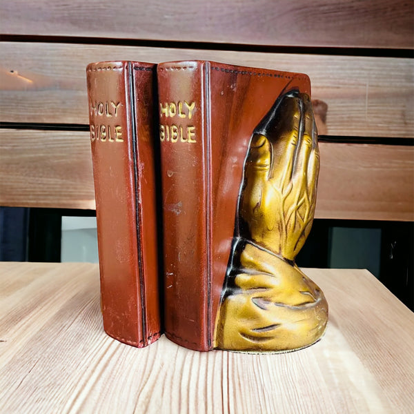 Vintage Pair of Ceramic Bookends Holy Bible With Praying Hands Sand Filled