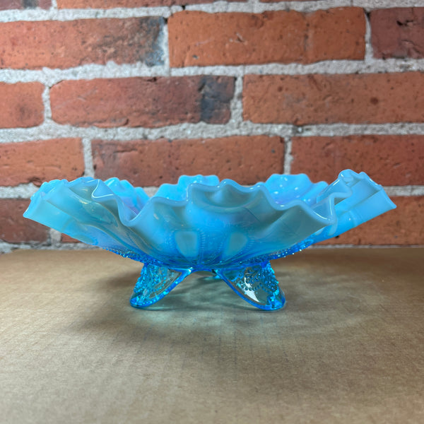 Jefferson Glass Co. 1908 Meander Blue Opalescent Dish Ruffled 3-Footed No. 233