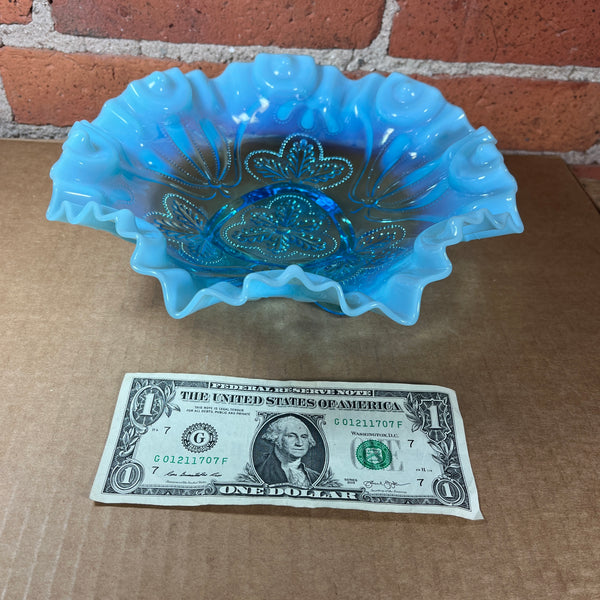 Jefferson Glass Co. 1908 Meander Blue Opalescent Dish Ruffled 3-Footed No. 233