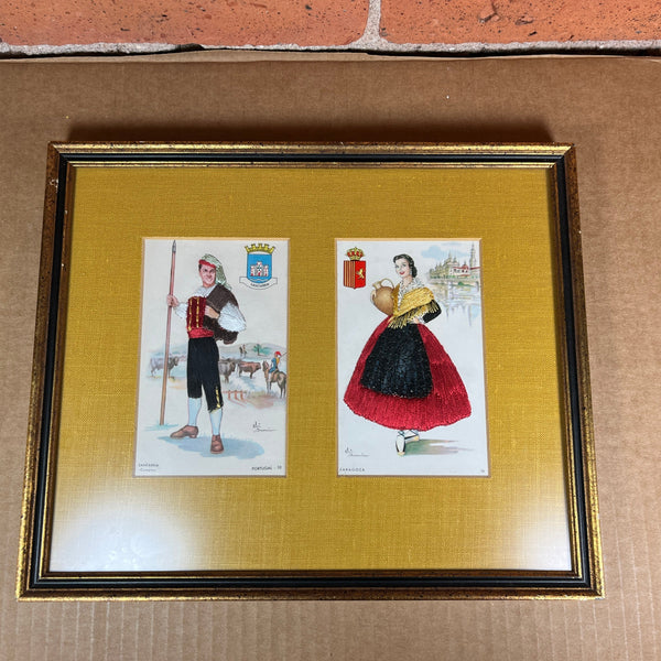 Two Framed Portugal Embroidered Postcards by Elsi Gumier