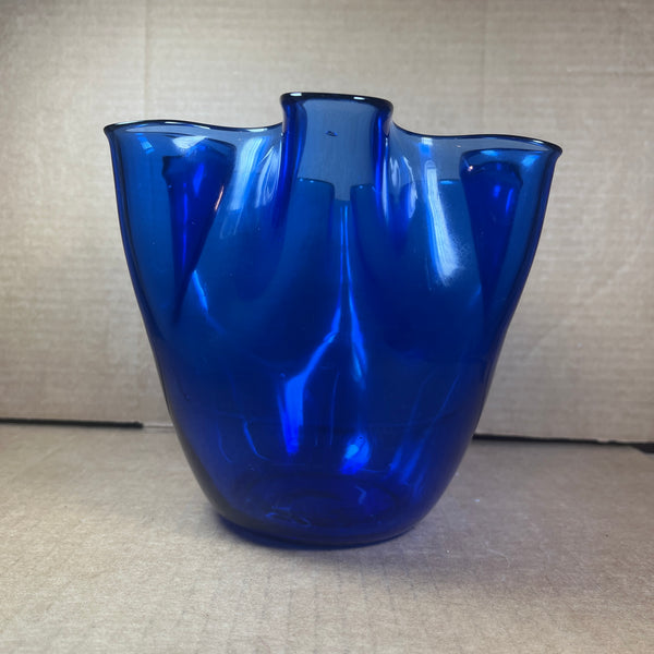 Cobalt Blue Glass Ruffled Bowl Hand Blown w/ Pontil Mark