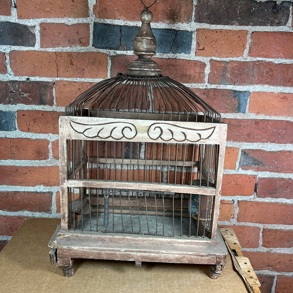 Victorian Wood / Wire Dome Top Birdcage Hand-Carved Wing Motif