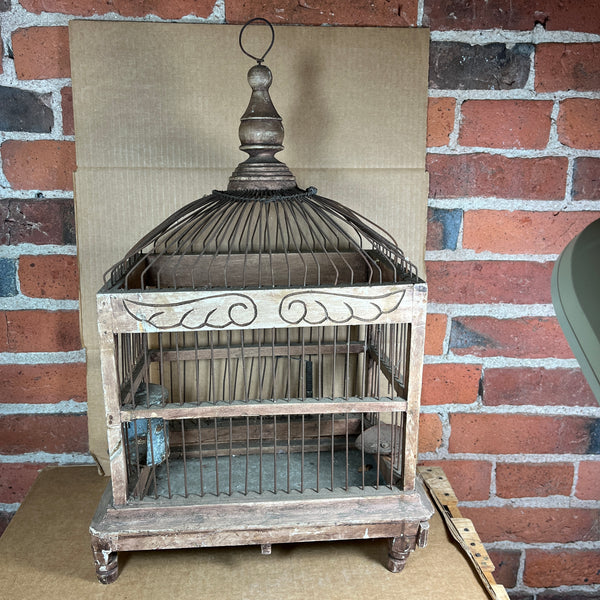 Victorian Wood / Wire Dome Top Birdcage Hand-Carved Wing Motif