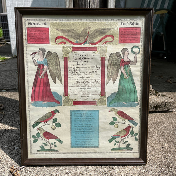 1864 PA Dutch German Baptismal Certificate Lithograph Hand Colored Framed