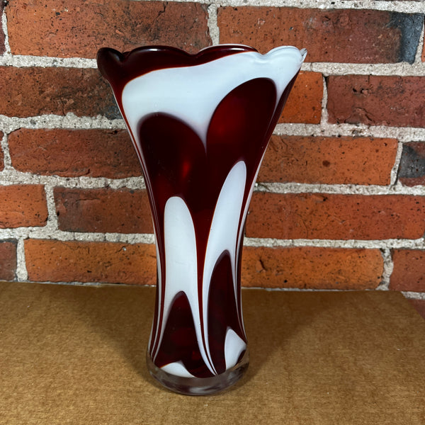 Hand Blown Studio Art Glass 10.25" Red & White Swirl Vase with Scalloped Edge