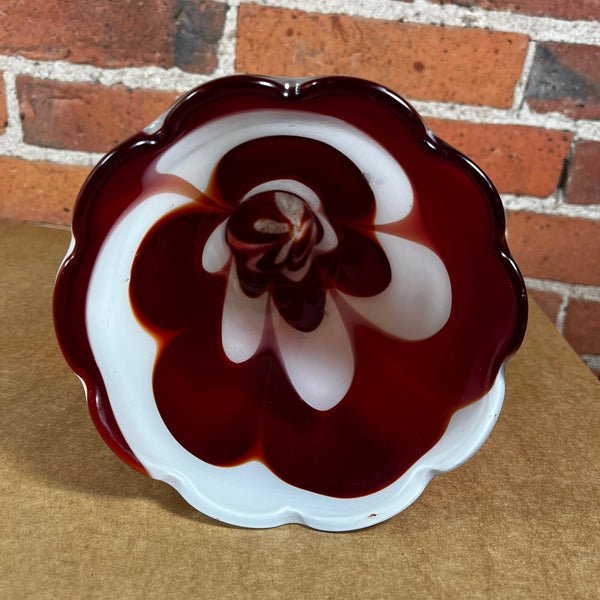 Hand Blown Studio Art Glass 10.25" Red & White Swirl Vase with Scalloped Edge