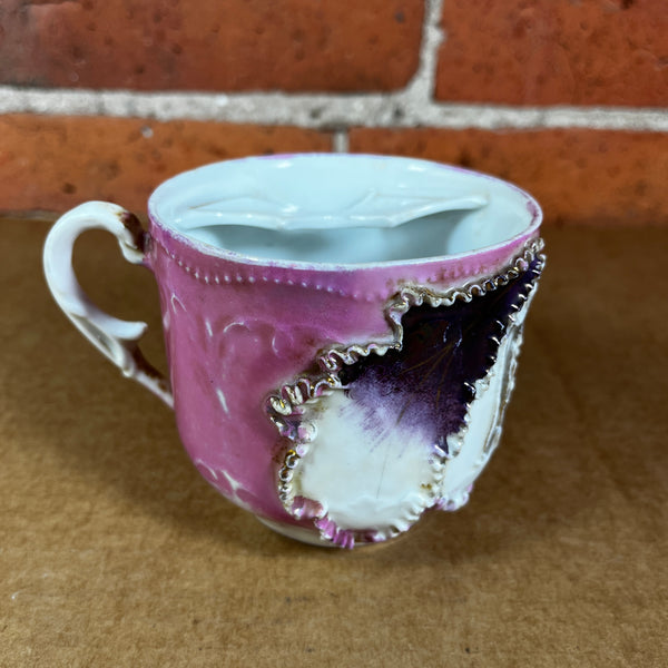 19th C. Mustache Mug Cup "Father" Porcelain Pink / Purple / Gold Made in Germany