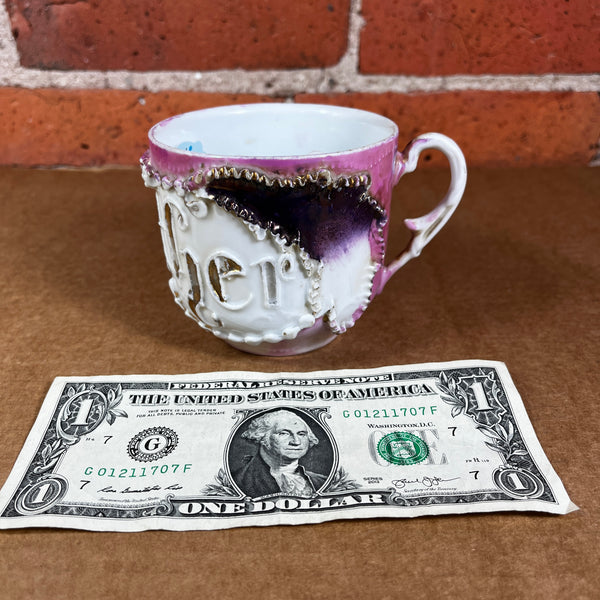 19th C. Mustache Mug Cup "Father" Porcelain Pink / Purple / Gold Made in Germany