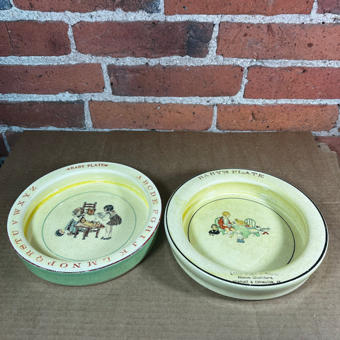 2 Vintage Baby Dishes Ceramic Nursery Flat Bottom Bowls with Advertising c. 1910