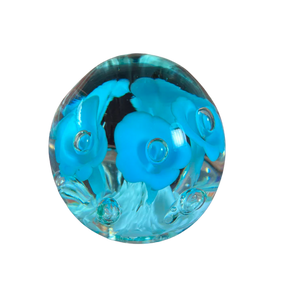 Vintage St. Clair Glass Paperweight Sky Blue Flowers White Base 3.25" x 3"