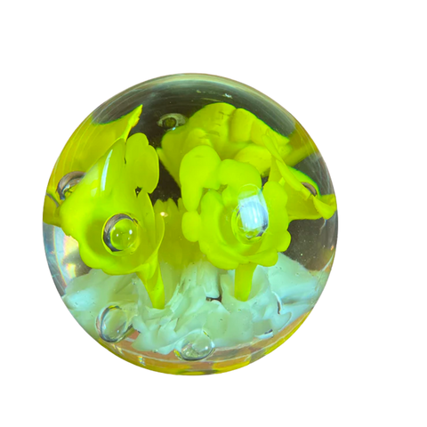 Vintage St. Clair Glass Paperweight Yellow Flowers White Base 3.25" x 3.25"