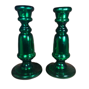 Vintage Green Mercury Glass Candlesticks 12.5" Tall Brass Bottom