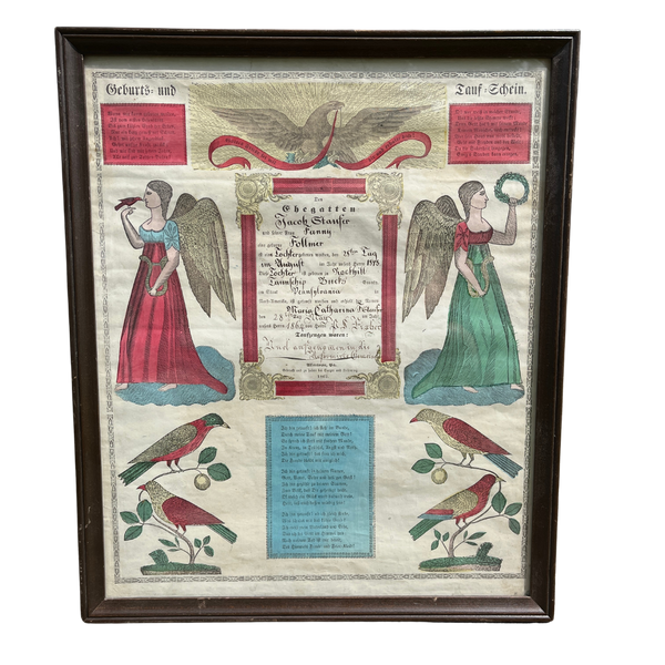 1864 PA Dutch German Baptismal Certificate Lithograph Hand Colored Framed
