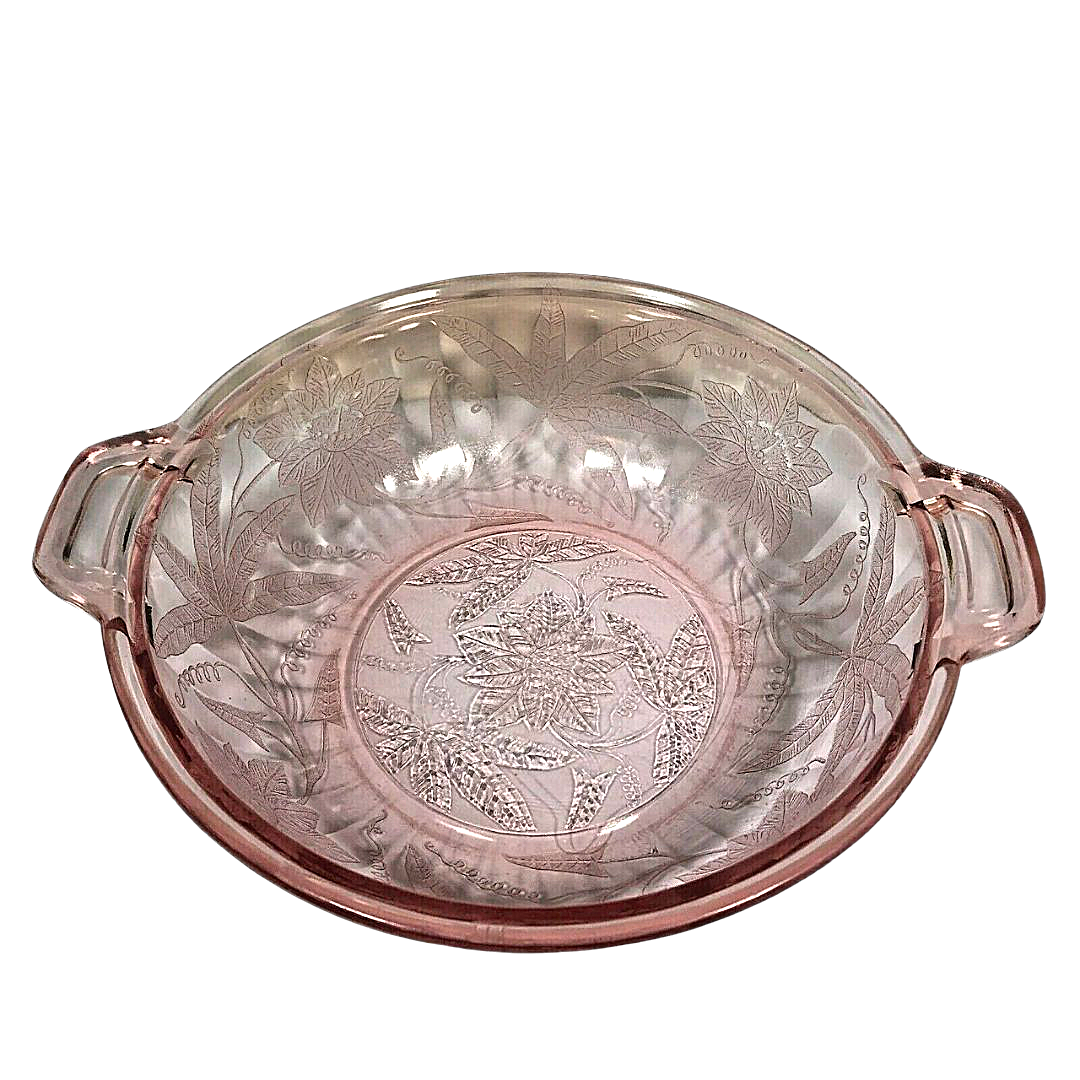 Jeannette Pink Poinsettia Pattern Glass 2 Handled Vegetable Serving Bowl No Lid